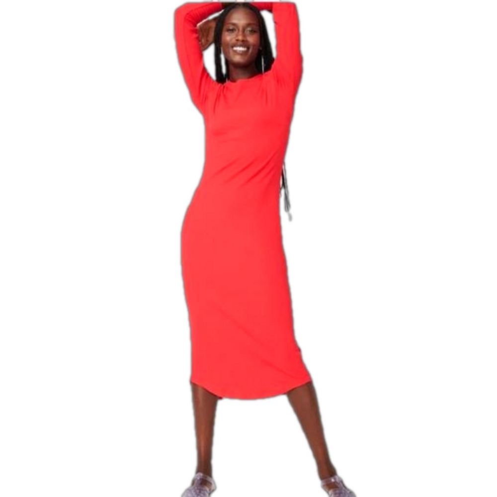Terez Red Hot Ribbed Long Sleeve Midi Dress Size L NWT *$179 Retail
